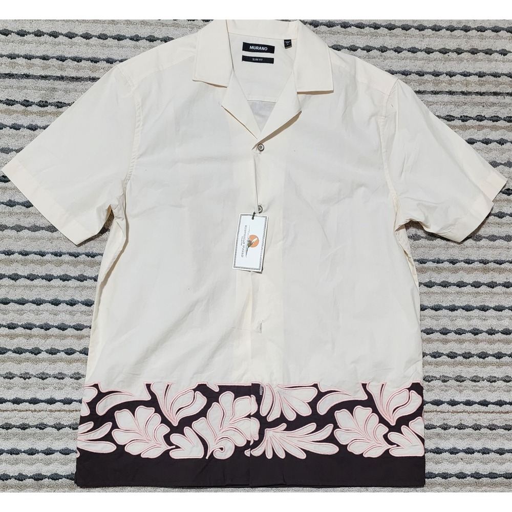 NWT $95 Murano Men's Slim Fit Camp Cream Floral Short Sleeve Shirt Size L